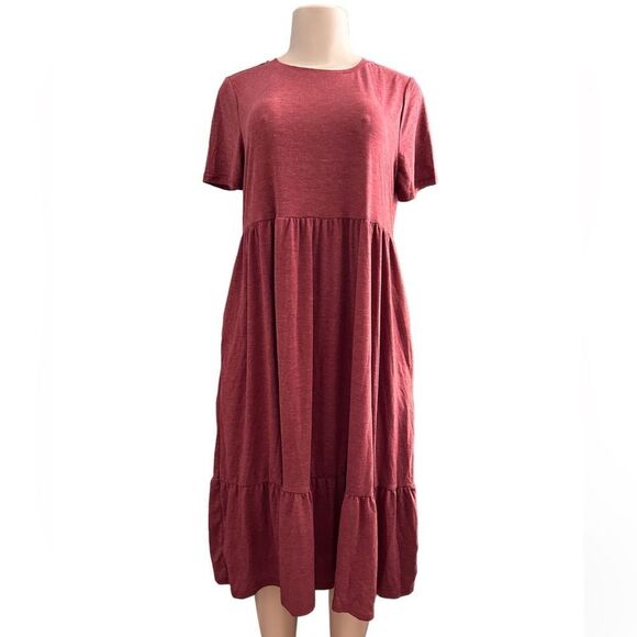 SHEIN Red Heather Short Sleeve Dress Babydoll Ruffle Tiered Midi Size Large - Picture 1 of 7